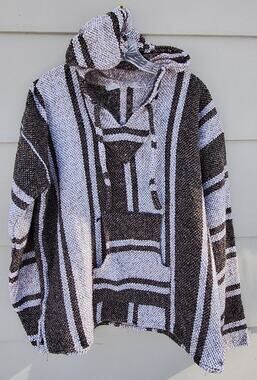 Vtg. Mexican Baja Hoodie Brown Black Surfer Skater 90s Beach Casual Sweater M